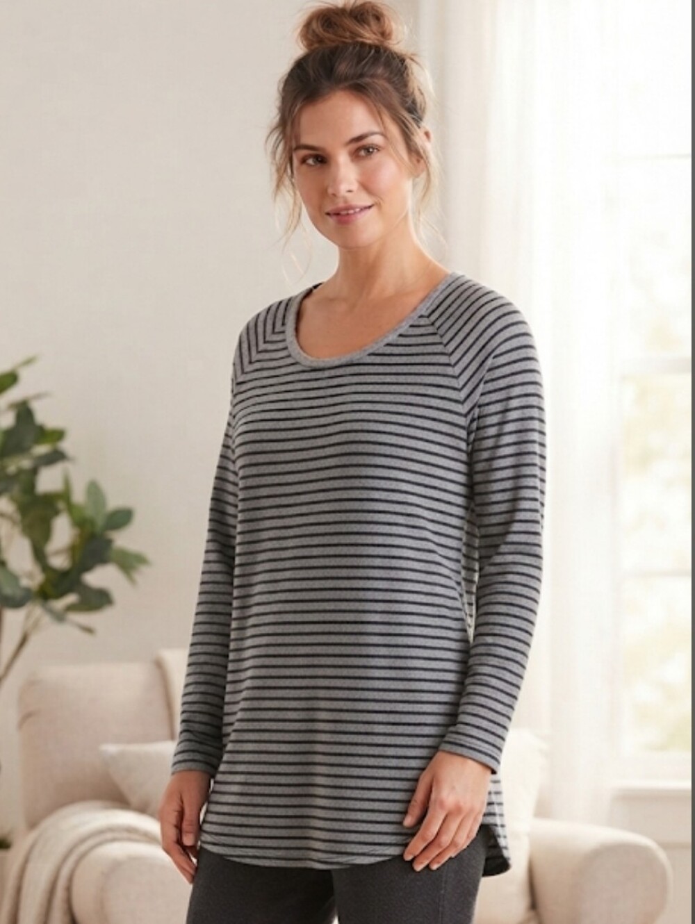 Gilligan & O'Malley Gray & Black Striped Cozy Fleece Tunic Lounge Top Size Large